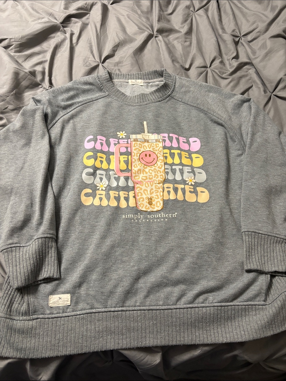 Simply Southern Gray 'Caffeinated' Graphic Crewneck with Pastel Accents
